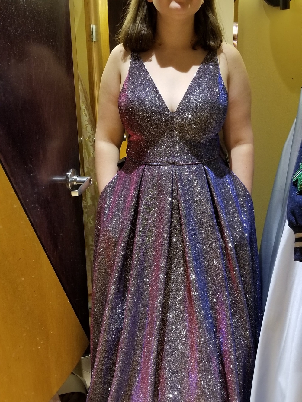 Blondie Nites Glitter Ombre V-Neck Prom Gown in Purple and Blue